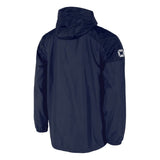 Navy blue hooded jacket with logo on sleeve, lightweight windbreaker back view