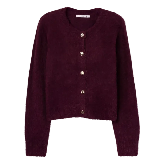 Tiffosi women's Nodos burgundy fluffy knit cropped cardigan with gold-tone buttons