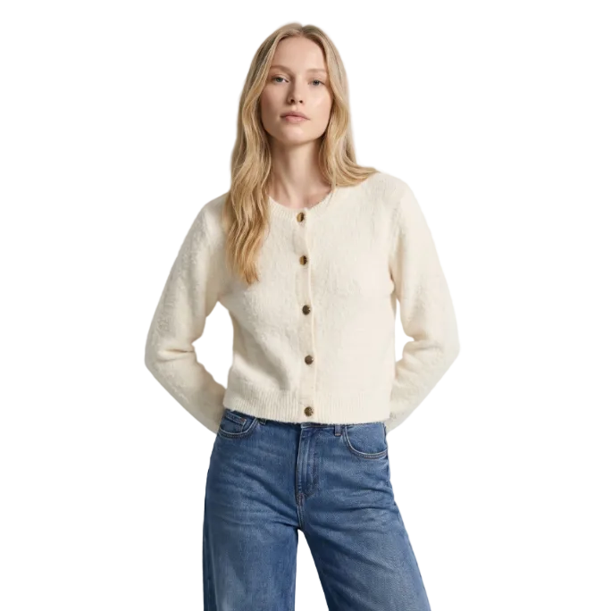 Tiffosi women's Nodos cream fluffy knit cropped cardigan with gold-tone buttons