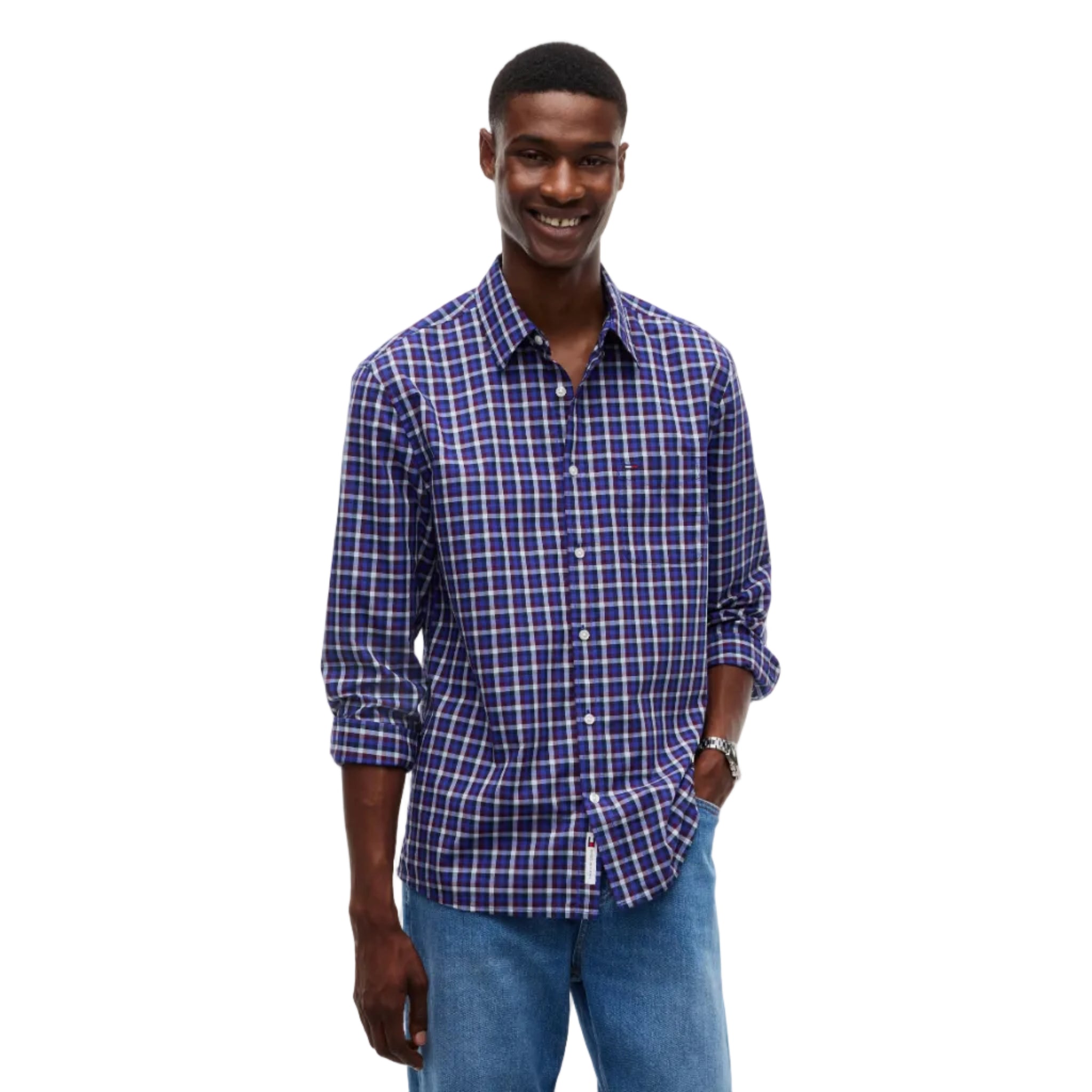 Tommy Jeans Mens Shirt Poplin Pattern Deep Marine Small Check