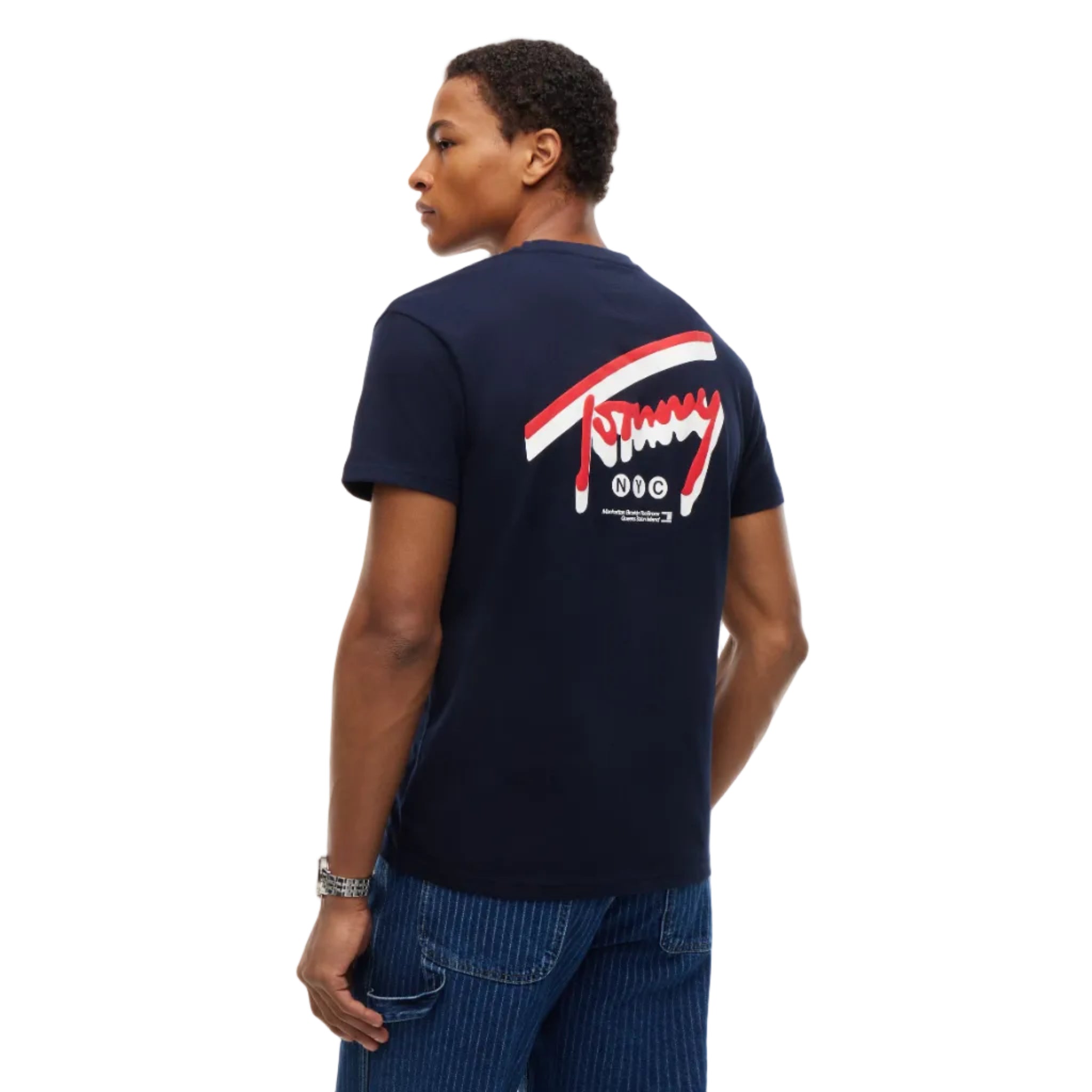 Tommy Jeans Mens T-Shirt Sign Backprint Dark Blue