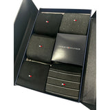 Gift box set of black men's socks with assorted patterns and logo branding
