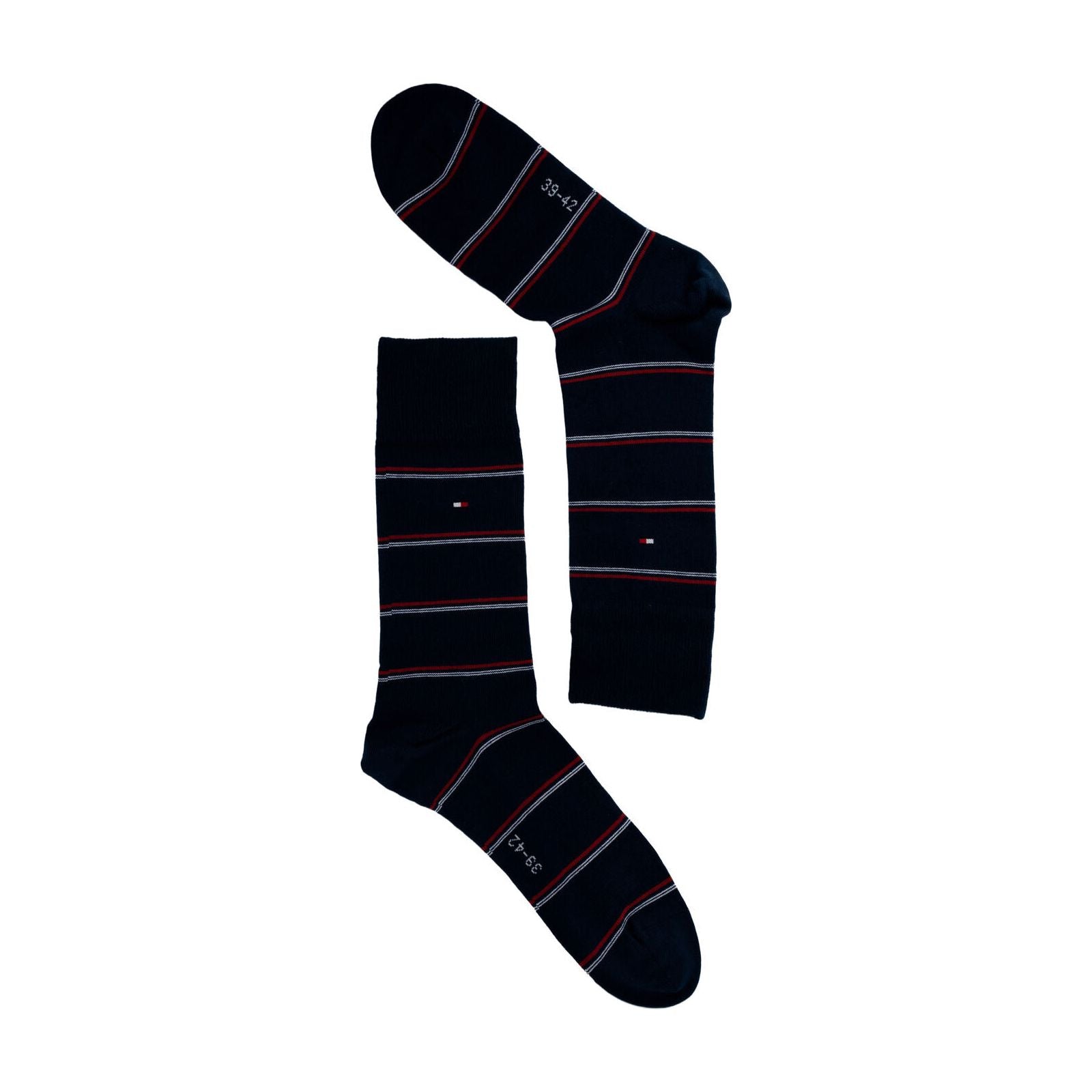 Navy blue striped socks with red and white accents, laid flat on a white background