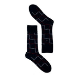 Pair of navy crew socks with red and white all-over text pattern on white background