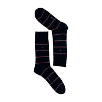 Pair of black crew socks with thin red and white stripes and small logo detail