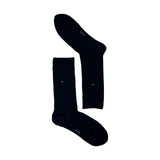 Pair of black crew socks with small embroidered flag logo and size marking on white background