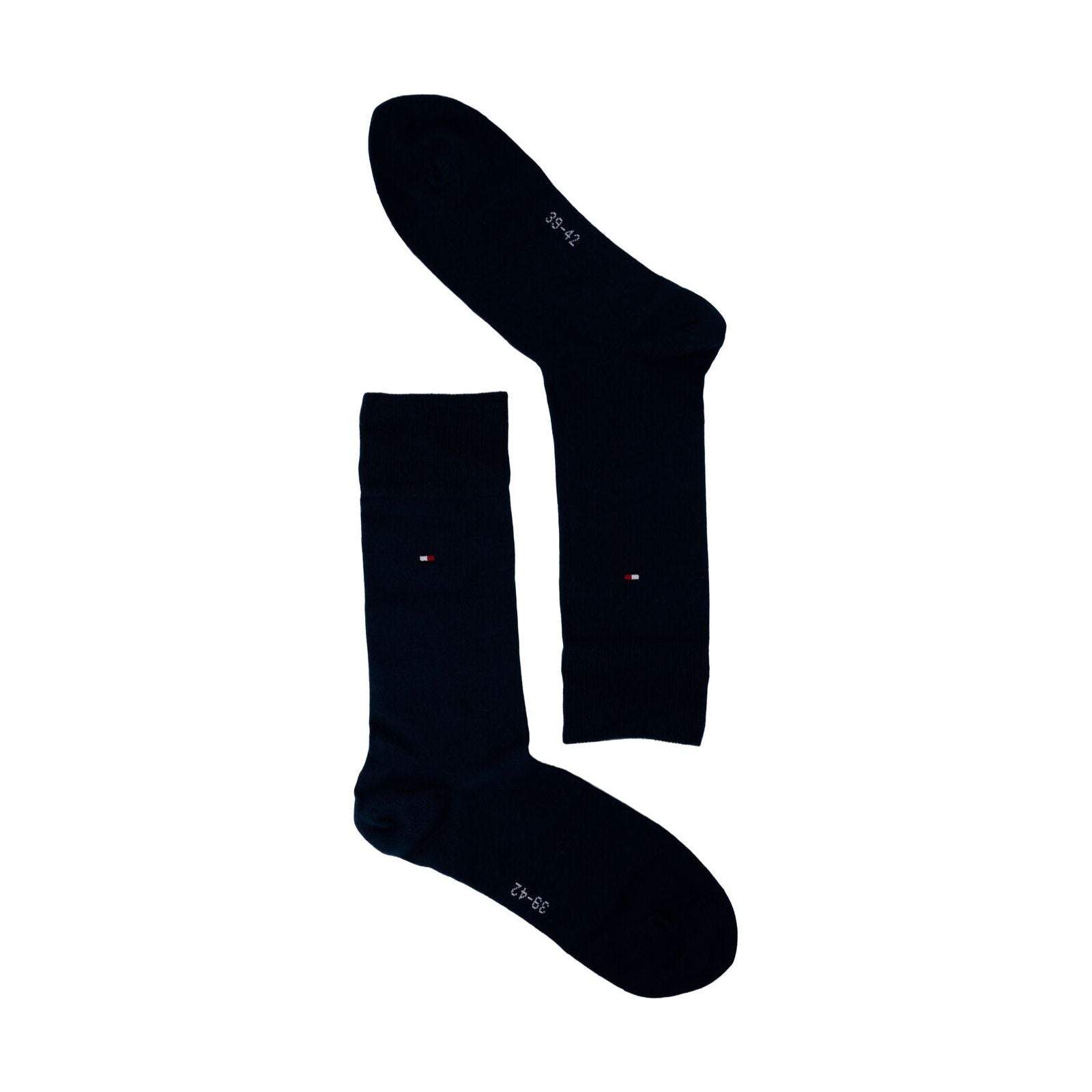 Pair of black crew socks with small embroidered flag logo and size marking on white background