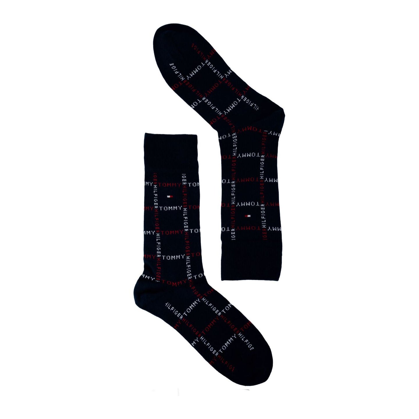 Black crew socks with red and white logo pattern on plain background