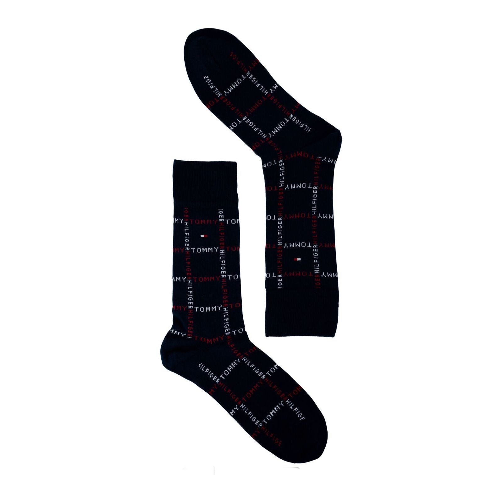 Black crew socks with red and white logo pattern on plain background