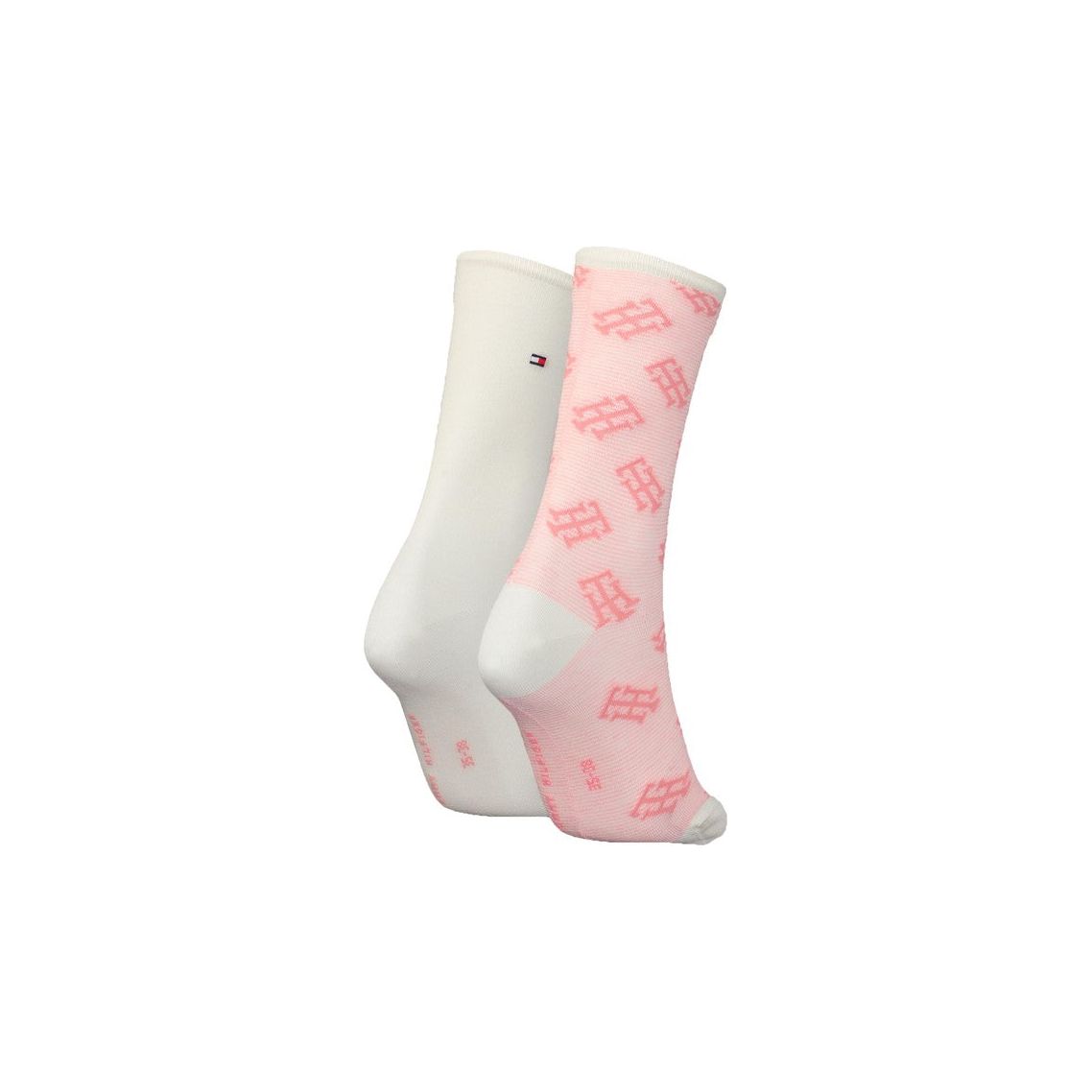 Pair of crew socks, one plain white, one white with pink monogram pattern, on white background