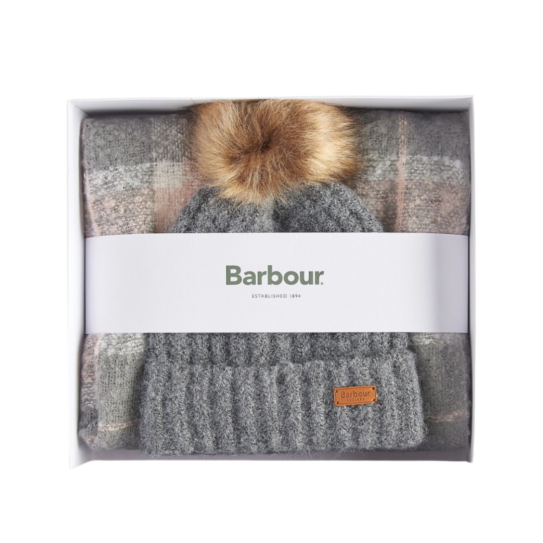 Barbour Womens Beanie/Scarf Saltburn Tartan Gift Set Grey Rose