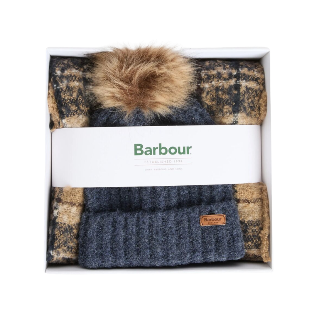 Barbour Womens Beanie/Scarf Saltburn Tartan Gift Set Birchwood
