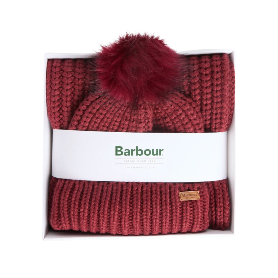 Barbour Womens Beanie/Scarf Saltburn Gift Set Cranberry