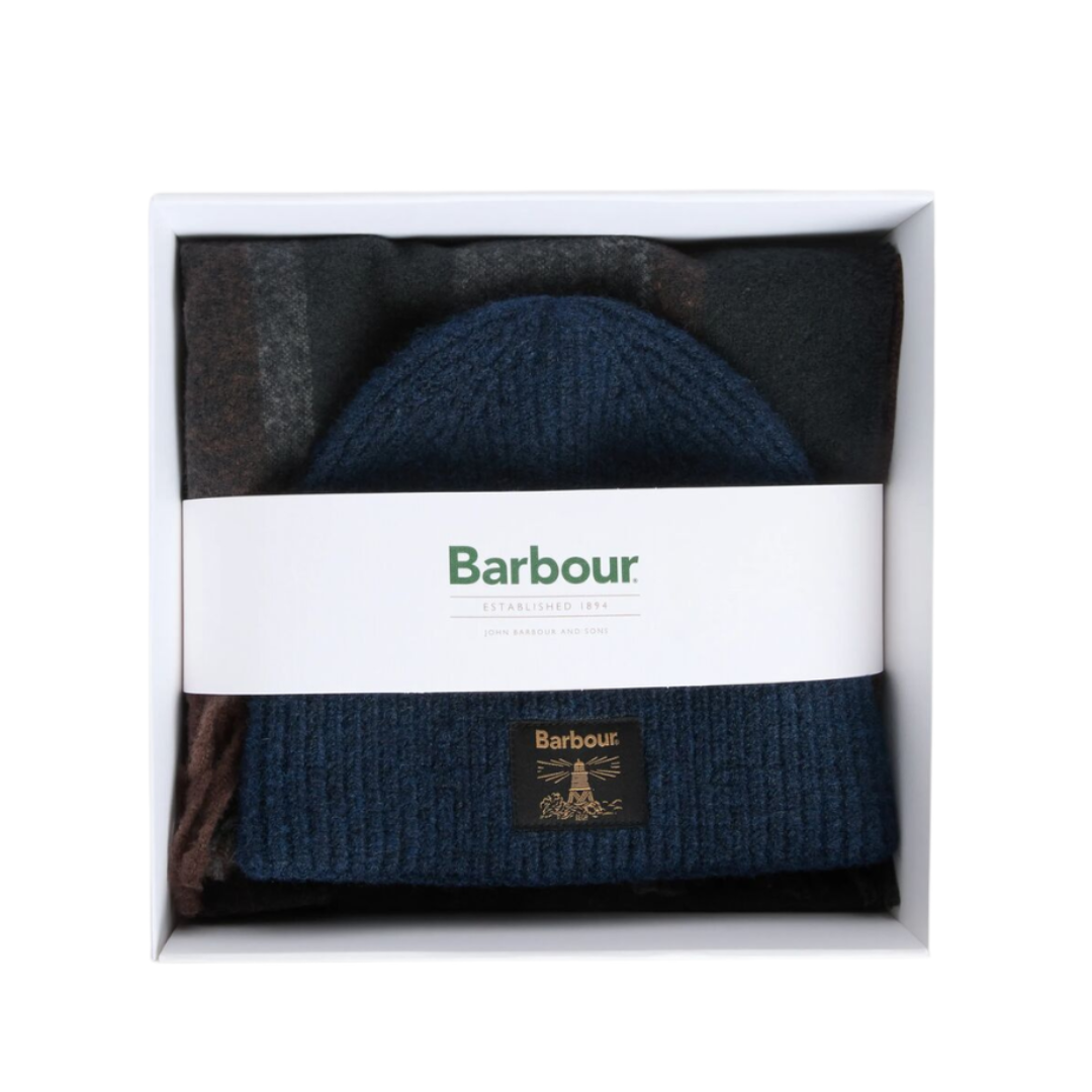 Barbour Mens Beanie/Scarf Westerdale Gift Set Navy/Grey