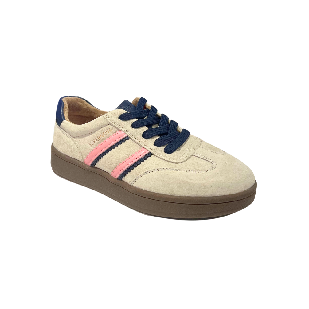 Drilleys Forty One women's cream trainers with pink and navy stripes