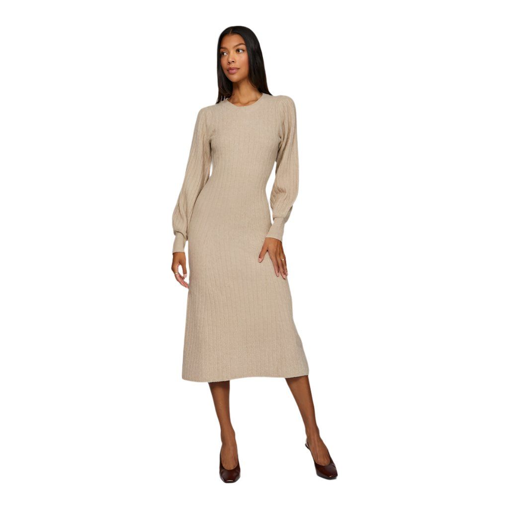 Vila Womens Jacia O-Neck L/S Rib Knit Midi Dress Natural Melange