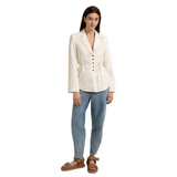 YAYA Womens Blazer Pinstripe Tie Belt Milk Beige Dessin