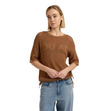 YAYA Womens Top Open-Knit Short Sleeves Artwork Foxtrot Brown