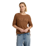 YAYA Womens Top Open-Knit Short Sleeves Artwork Foxtrot Brown