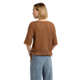YAYA Womens Top Open-Knit Short Sleeves Artwork Foxtrot Brown