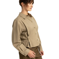 YAYA Womens Blouse Poplin Adjustable Waist Long Sleeves Elmwood Green
