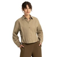 YAYA Womens Blouse Poplin Adjustable Waist Long Sleeves Elmwood Green