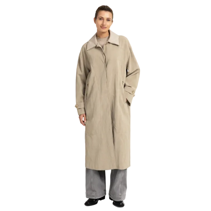Yaya women's cashmere grey long faux suede coat with detachable collar