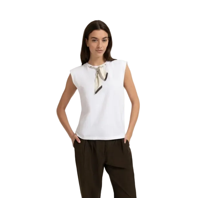 YAYA Womens Top Double Layer Sleeveless Scarf Detail Slate Black/Brown Dessin