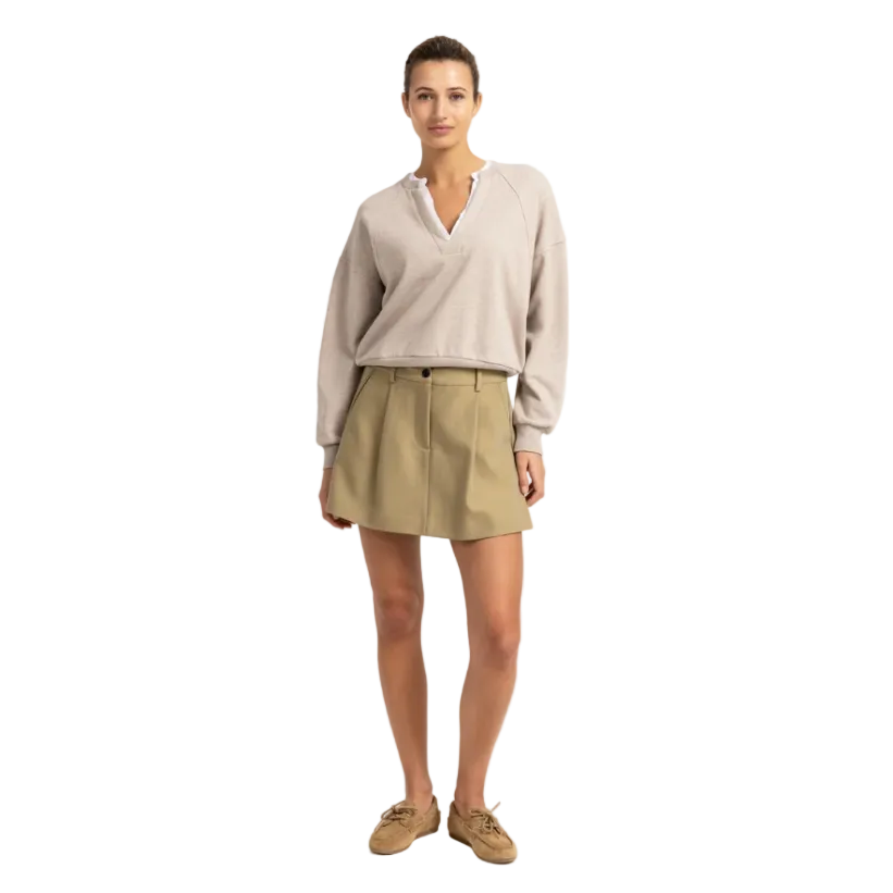 Yaya women's cashmere grey V-neck sweatshirt with woven collar