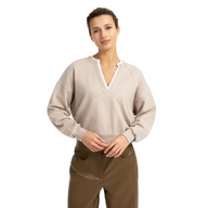 YAYA Womens Sweatshirt V-neck Woven Collar Pure Cashmere Grey Melange