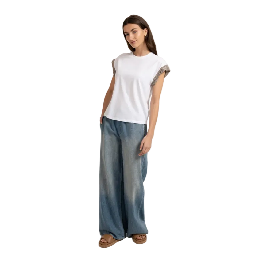 YAYA Womens Top Woven Cuff Pure White