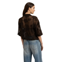 YAYA Womens Top Crochet Floral Pattern Short Sleeves Delicioso Brown