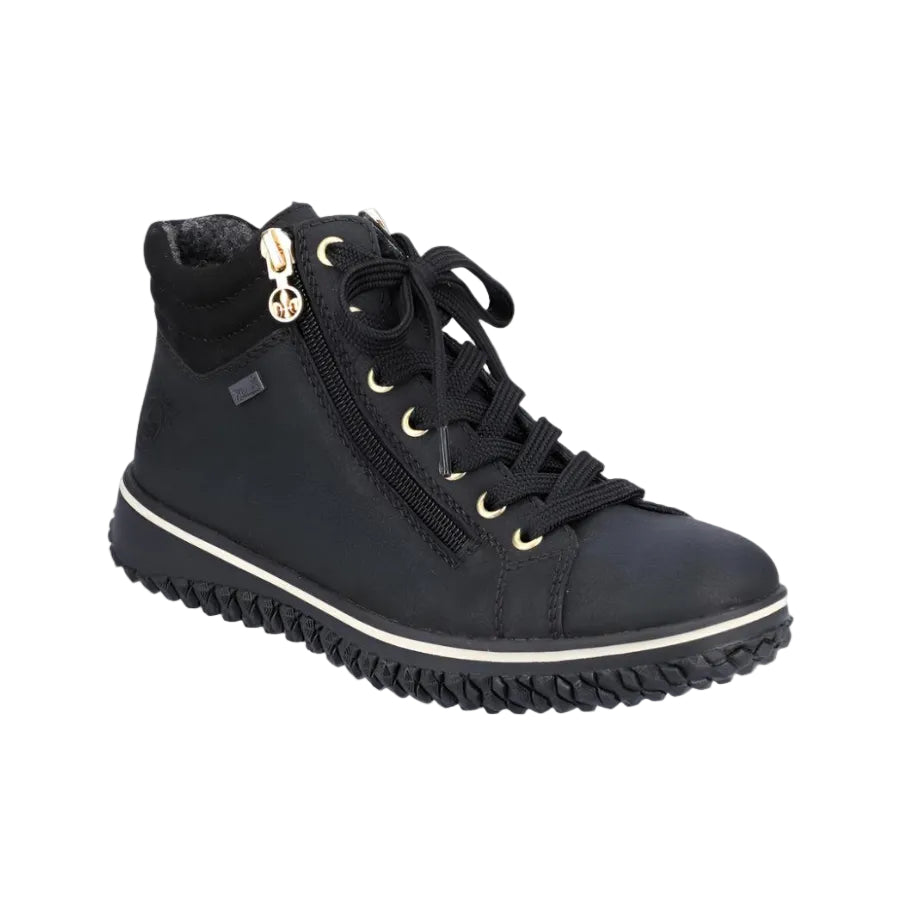 Rieker women's black lace-up ankle boot with side zip and gold-tone eyelets