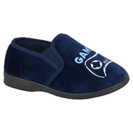 Navy blue kids gaming slipper with controller graphic and black rubber sole