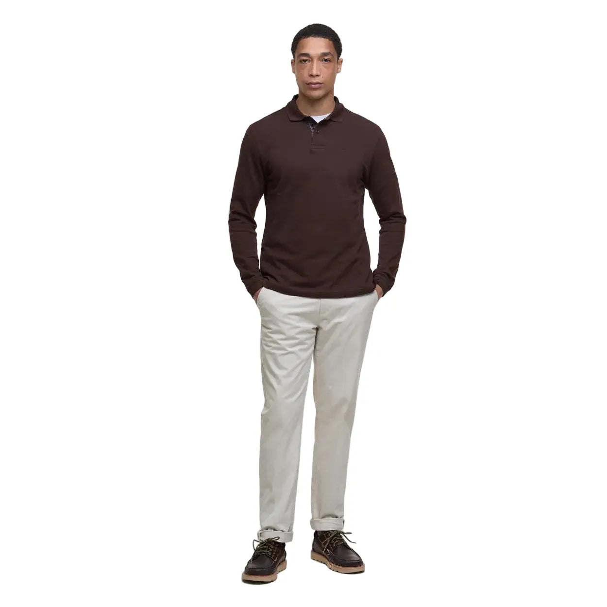 Barbour Mens Polo Shirt Essential LS Tartan Pique Dark Oak