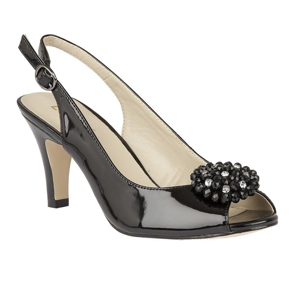 Lotus Elodie women's black patent peep-toe slingback heel with beaded brooch